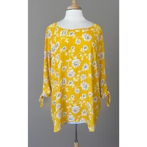 Mix by 41 Hawthorn size 2X Yellow Floral Blouse Tie Sleeve Tunic Top Mustard
